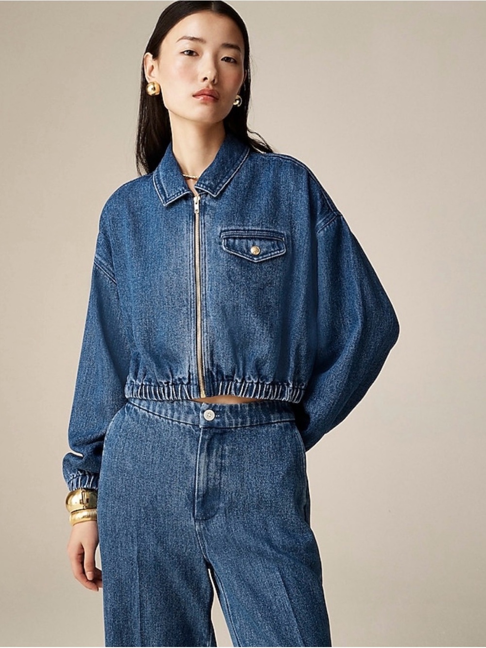 J. Crew Cropped Bomber Jacket in Drapey Denim Size L